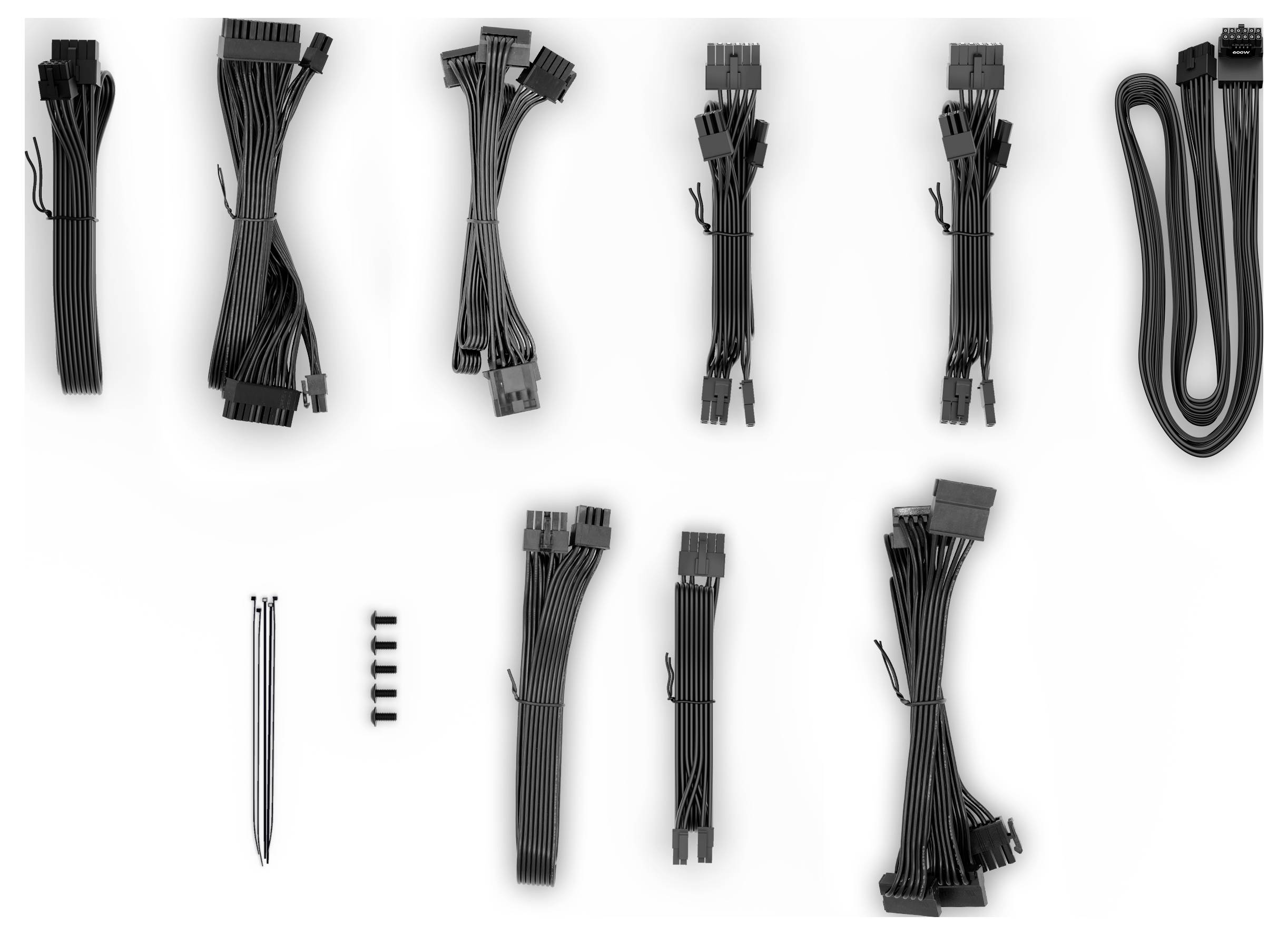 Various black cable sets with different plug types and cable lengths, arranged on a white surface.