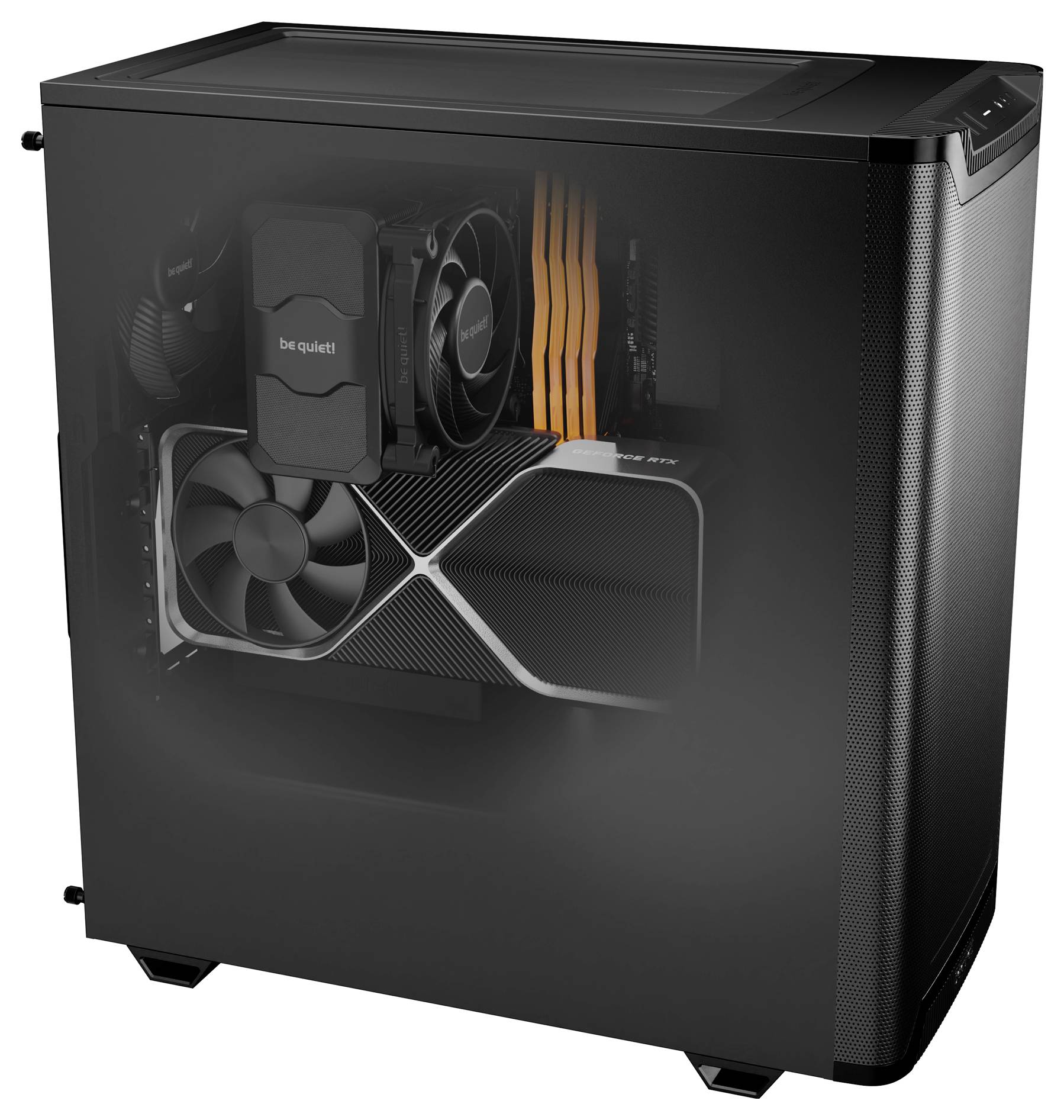 PC case with a transparent side window, showcasing installed hardware components: fans, graphics card, RAM, and CPU cooler.