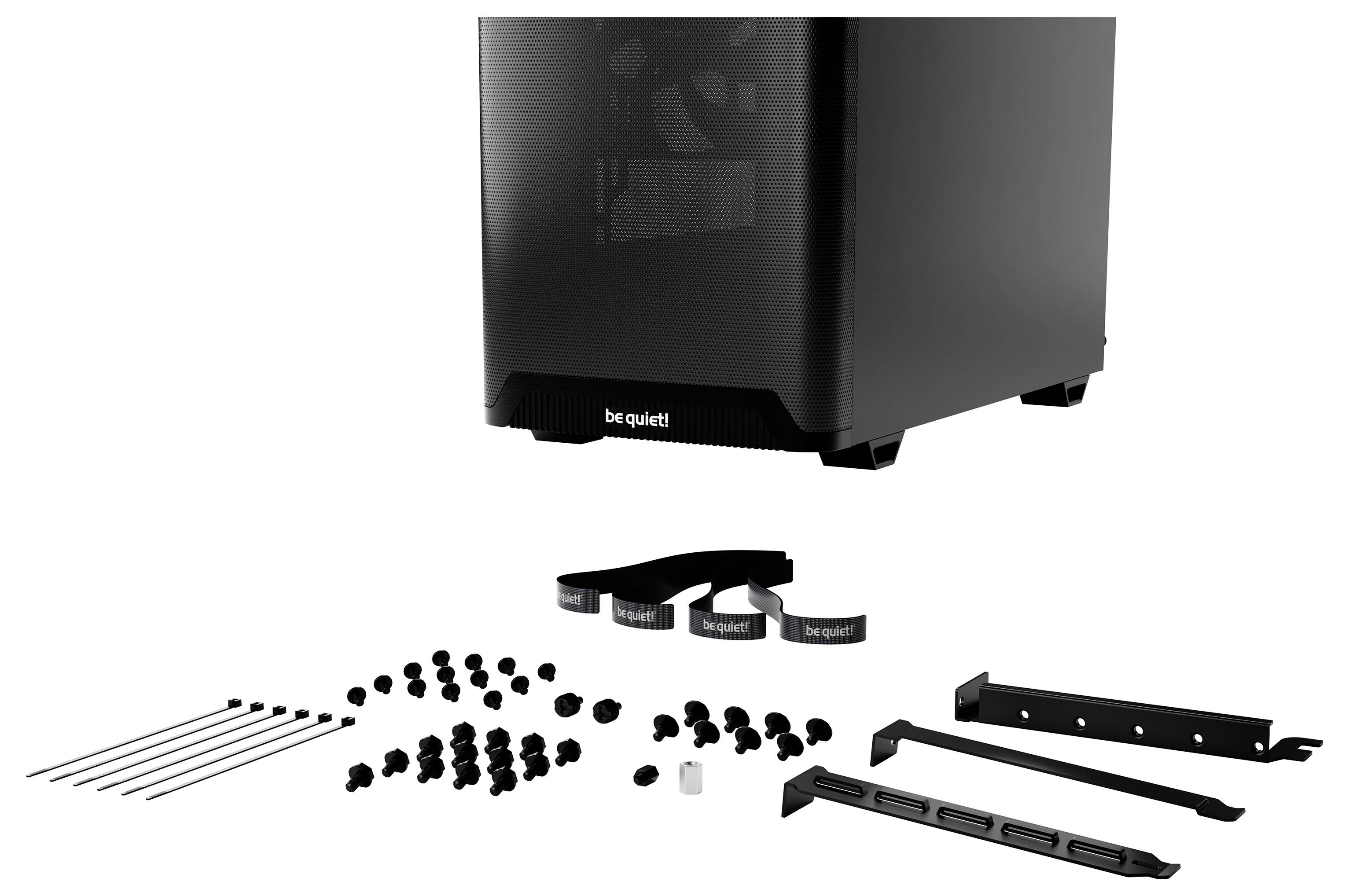 A black computer case by the brand be quiet! with accessories such as cable ties, screws, and mounting brackets, on a white background.