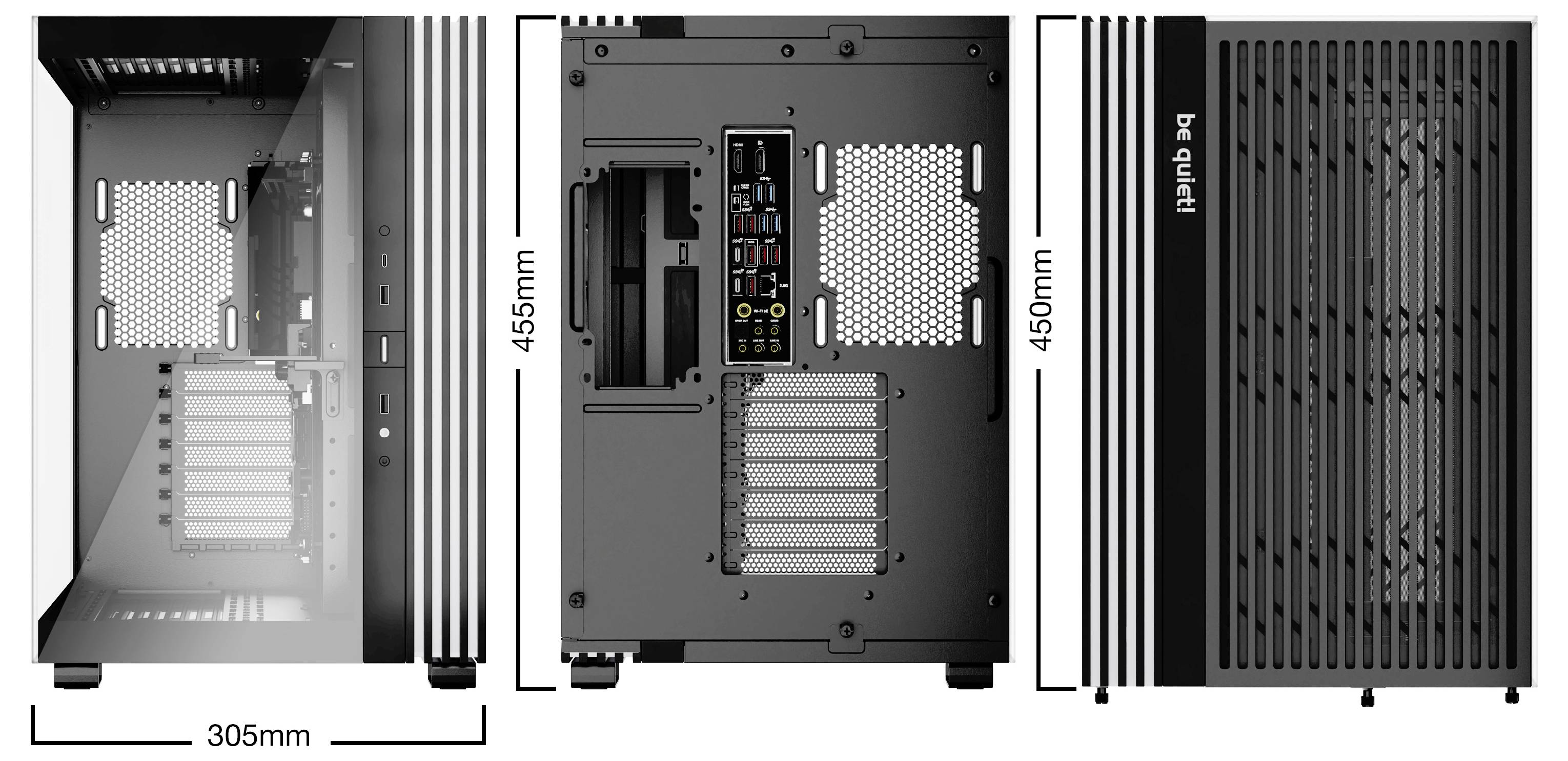 Illustration of a computer case in three views: Side view (305 mm), Rear view (455 mm) with connections, and Front view (450 mm).