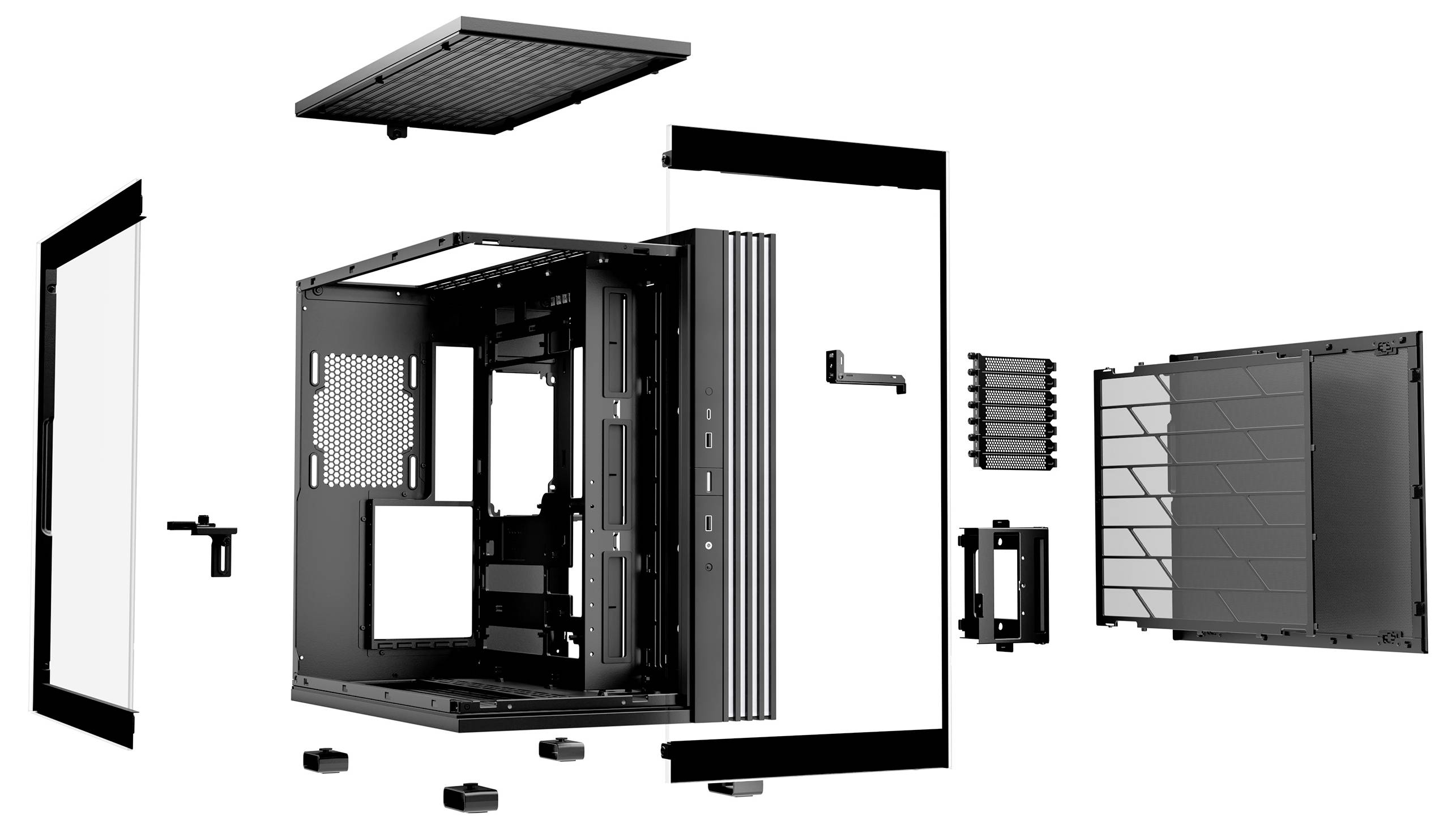 Exploded view of a computer case with removable side panels, front fascia, and internal mounting points. Shows layout and attachment locations.