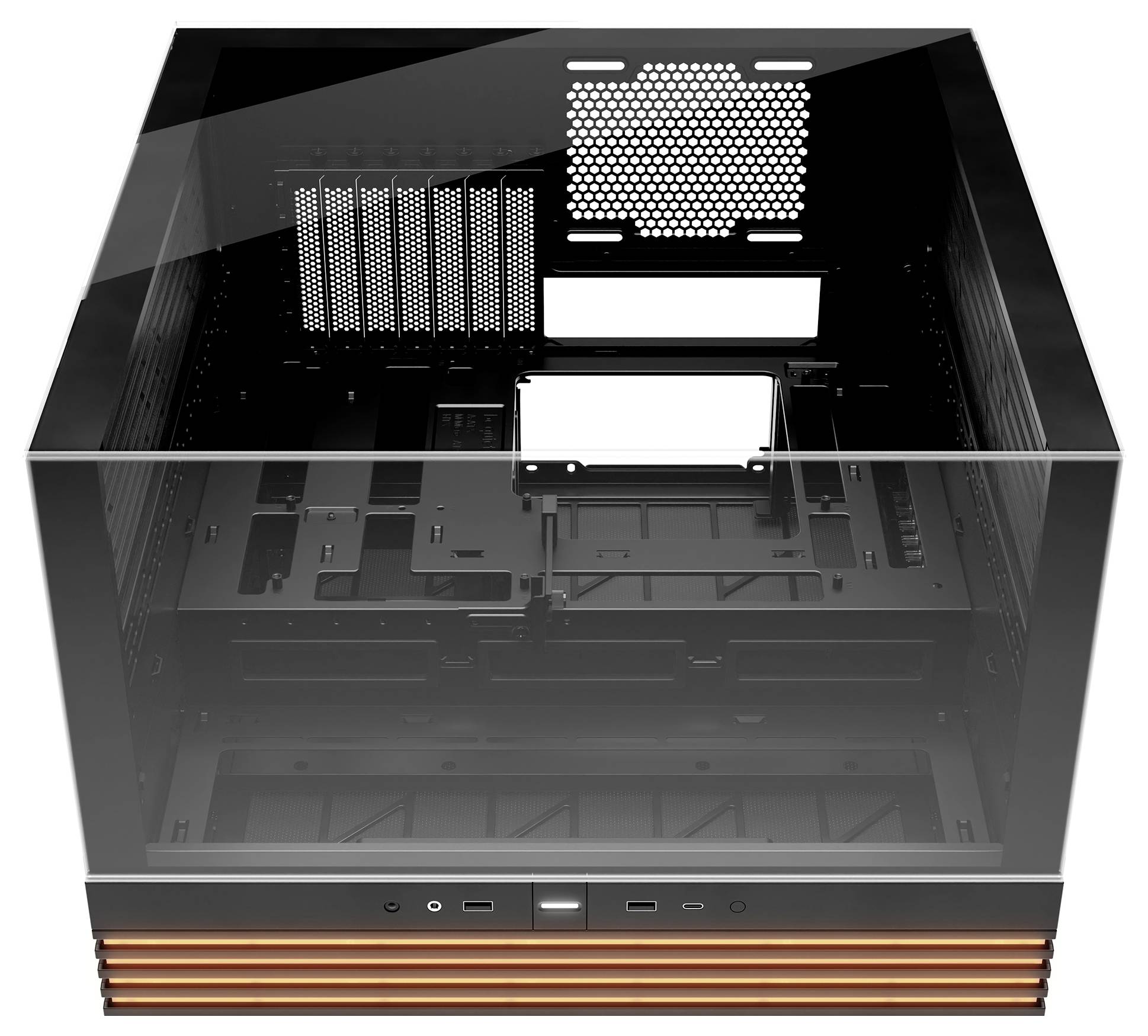 Rectangular, open PC case with glass front and sides; does not contain hardware components, with space for drives and expansion slots.