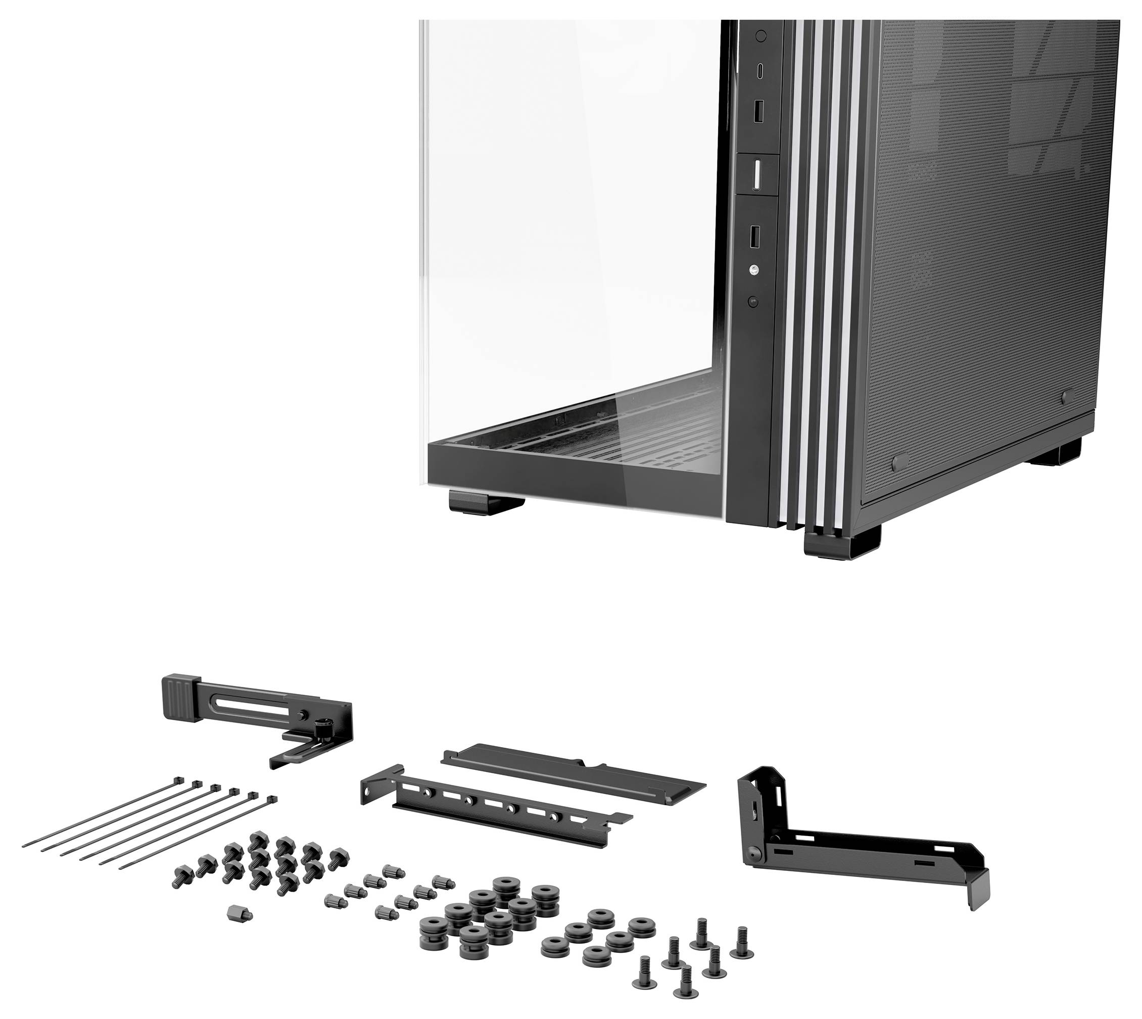 PC case with transparent side panel, showing various screws and mounting brackets underneath.