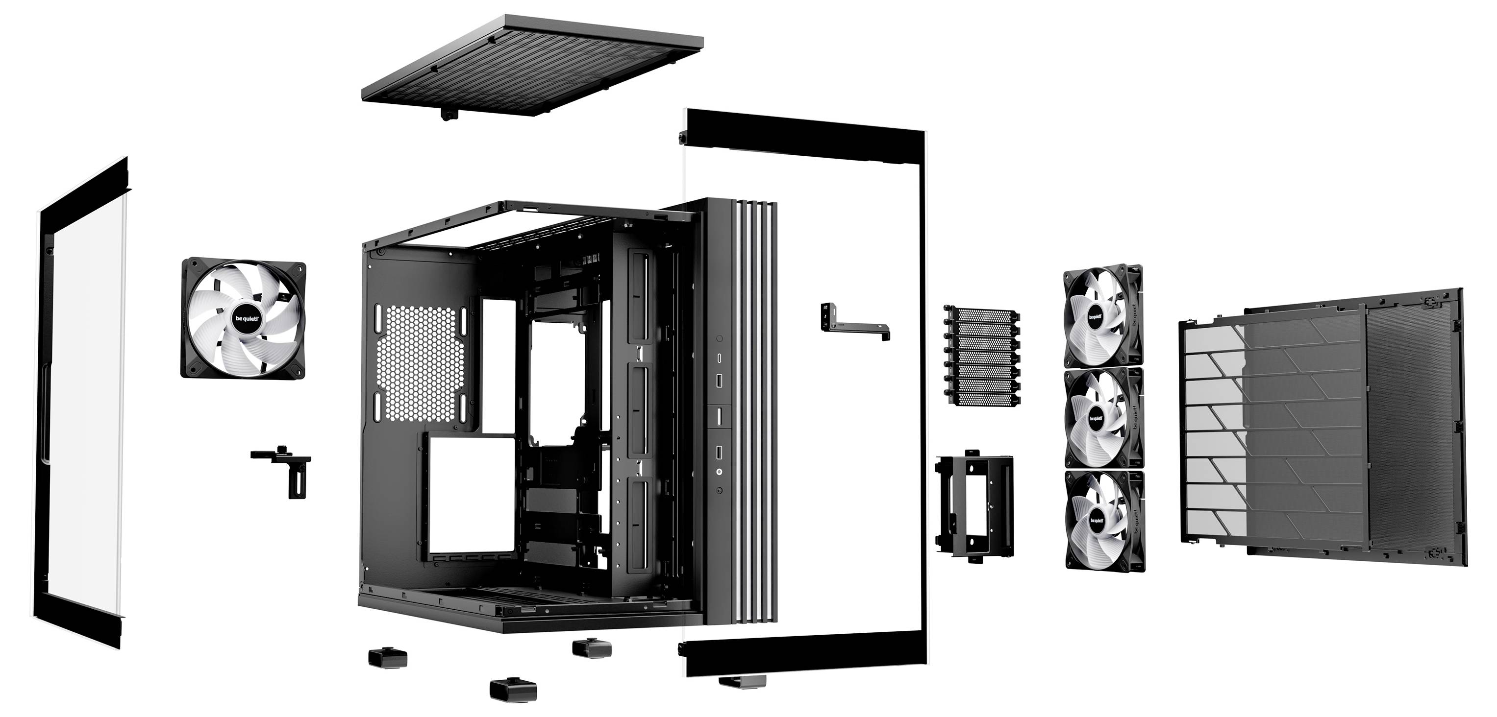 Exploded view of a computer case with multiple removable panels, fans and mounting brackets, revealing the internal components.