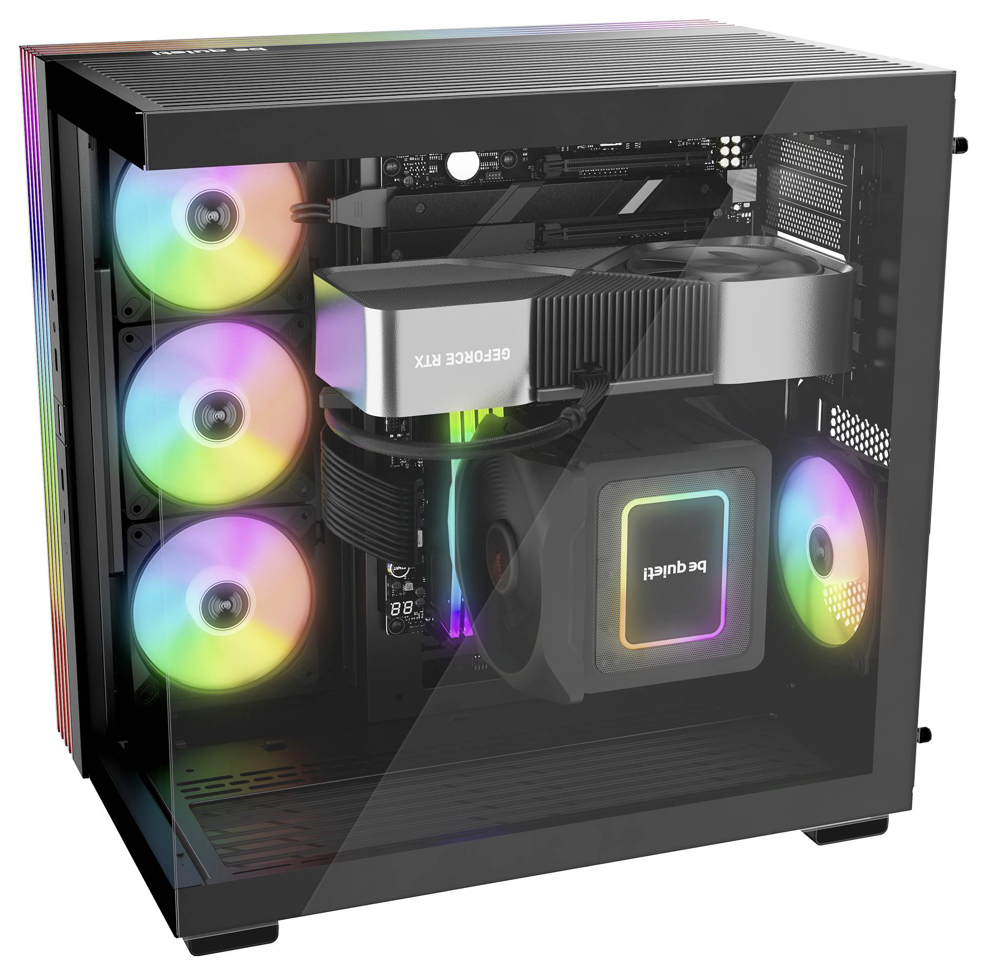 A gaming PC with RGB-illuminated fans and a GeForce RTX graphics processor inside a case with a glass window.