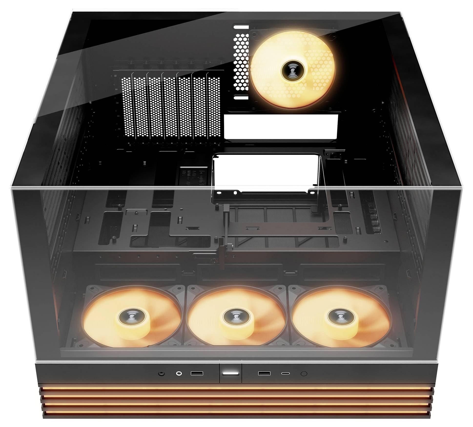 An empty, square PC case shows three orange fans on the front and one on the back.