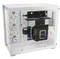 A white computer with an open case reveals its internal components: three illuminated fans, a large graphics card, and cable management.