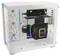 A white PC case in a cube design, with open sides and multiple fan and expansion slot positions. Includes mounting brackets for motherboard and other components.