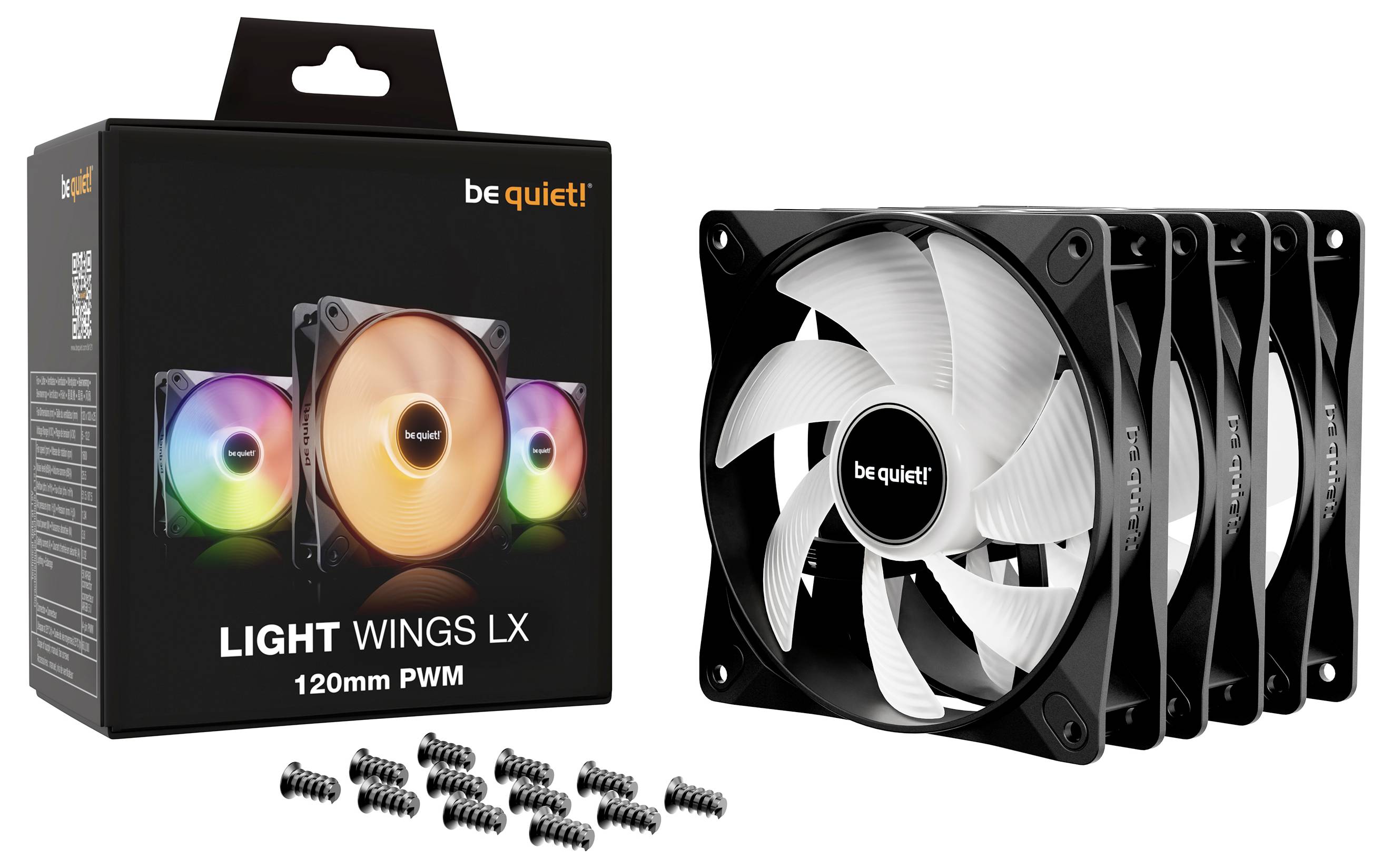 'Be quiet! Light Wings LX 120mm PWM' fan, RGB lighting, 3-pack, including screws. Ideal for PC cases, quiet and efficient.