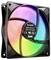 PC fan with RGB lighting, displaying changing colours in a square frame. Brand logo and technical specifications in the centre.