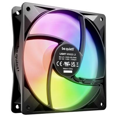 A colourful LED PC fan from 'be quiet!' with a black-framed design and multi-colour lighting.