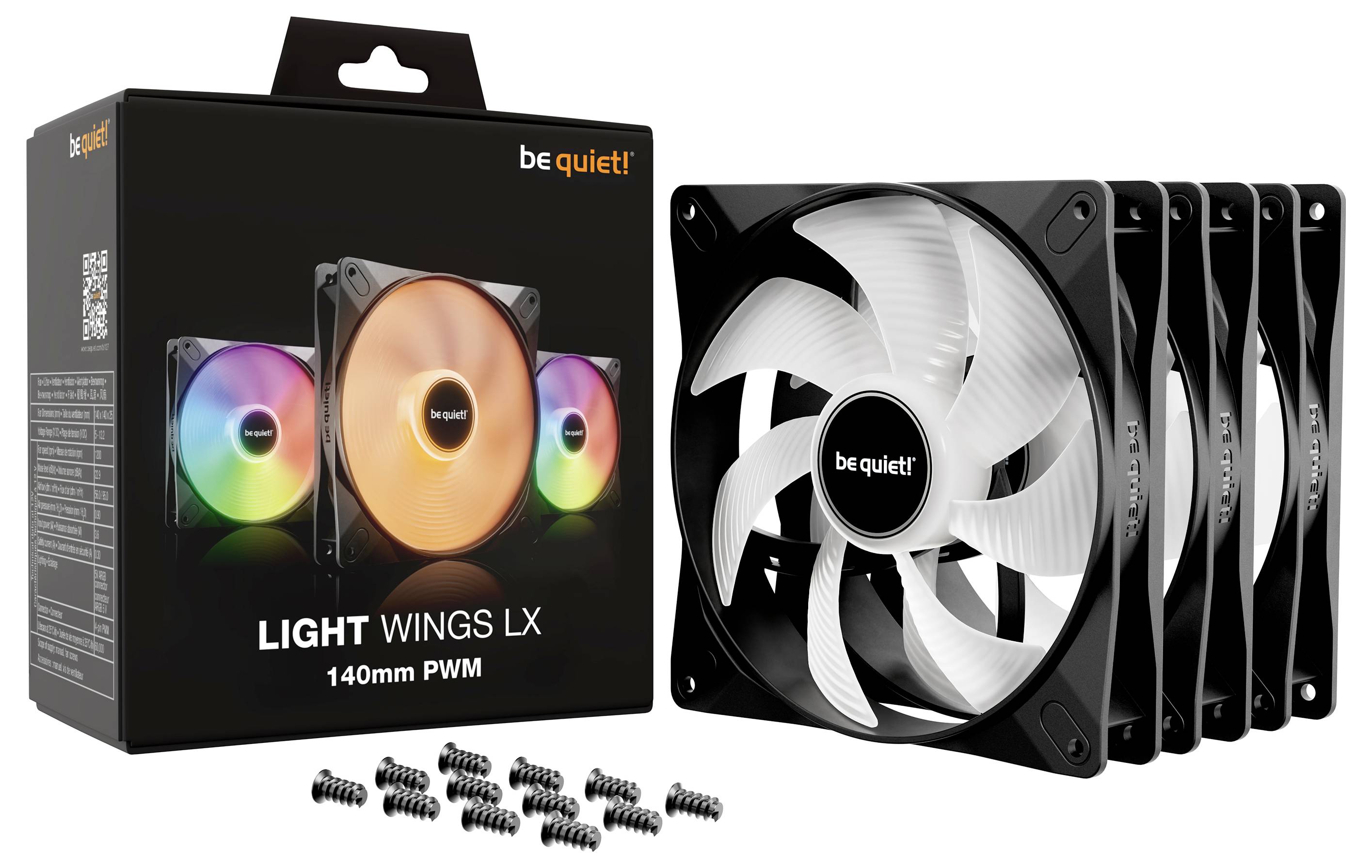 A cardboard box labelled 'be quiet! LIGHT WINGS LX 140mm PWM' and four computer fans used for PC cooling.