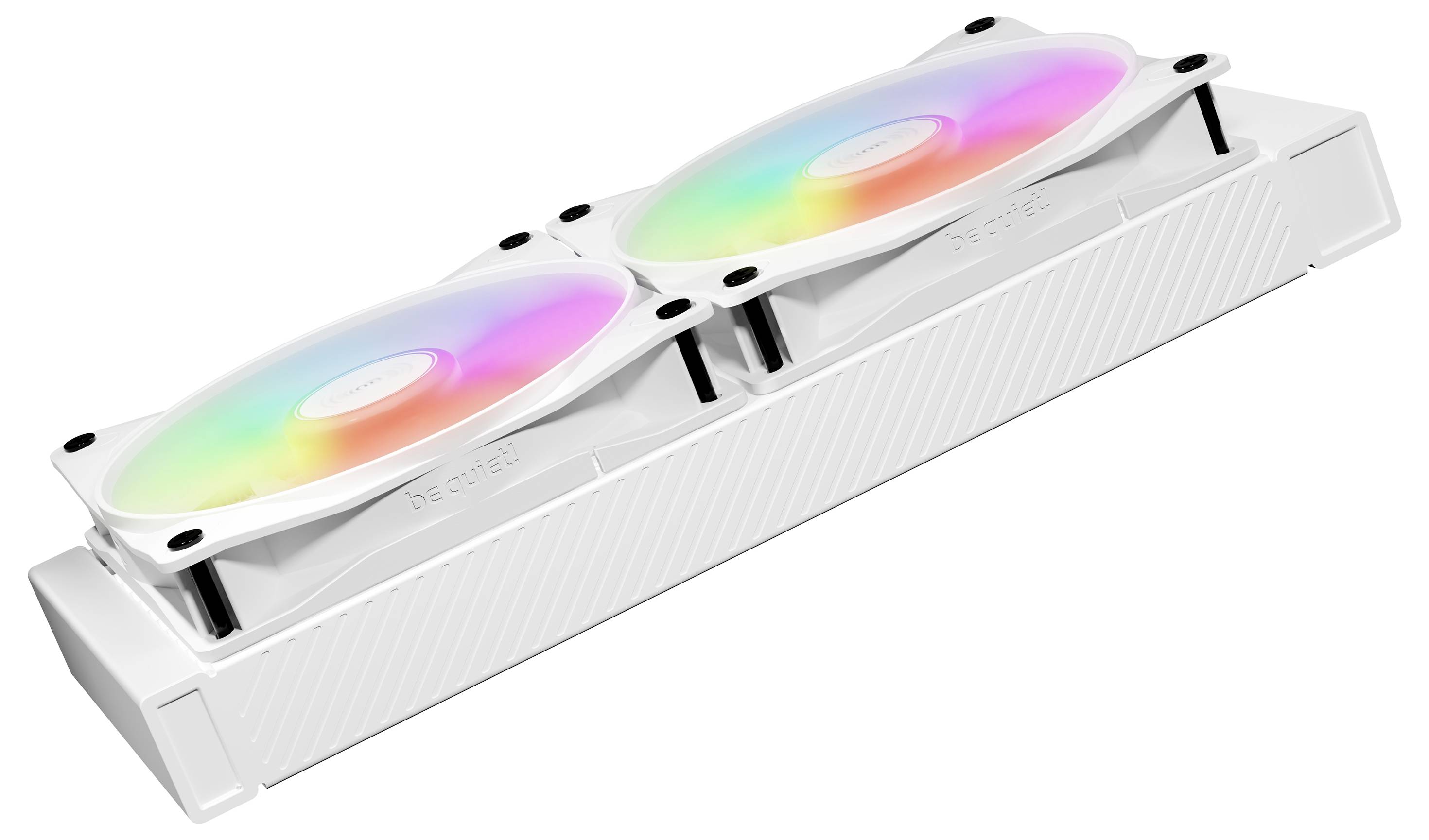 A white computer fan with two rotating fans that glow in rainbow colours. Design for cooling in PCs.