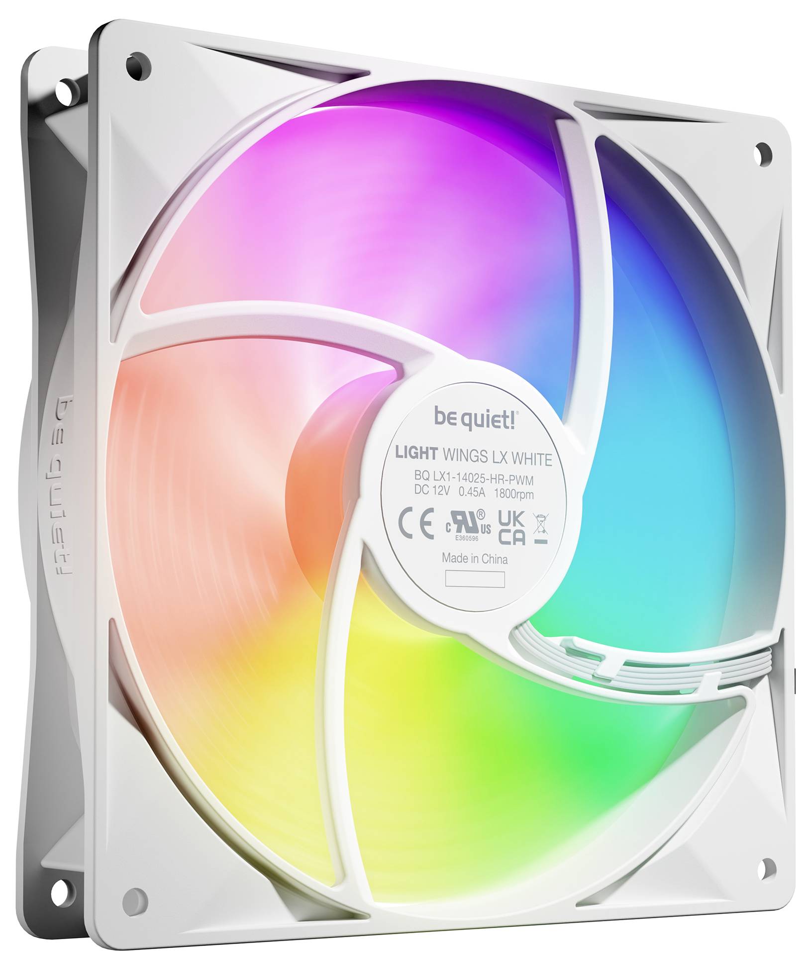 Computer cooler with glowing, colourful LED lights in a fan. 'be quiet!' brand visible. White background.