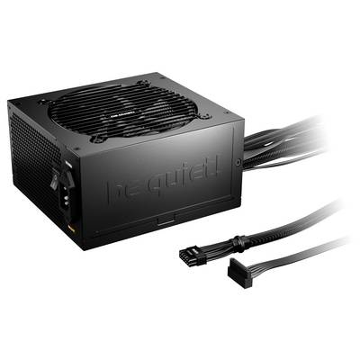 A black PC power supply from the brand 'be quiet!' with a fan and multiple power cables for connecting computer components.