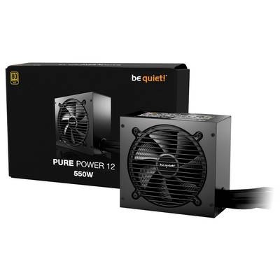 A be quiet! Pure Power 12 power supply with 550W output, black, in the foreground with the packaging in the background.