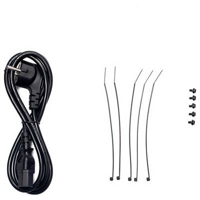 'Network cable, four cable ties and four screws on a white background. Accessory set for electrical installations or equipment assembly.'