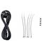 Black network cable, four cable ties and five small screws on a white background. Accessories for electronic devices.