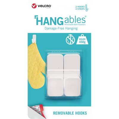 Image of a packaging with removable hooks. Contains two hooks and four strips, load-bearing up to 450 g, brand-specific.