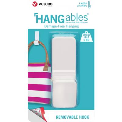 'Packaging of Velcro HANGables with a removable hook, load capacity 2 kg. Suitable for hanging without causing damage.'