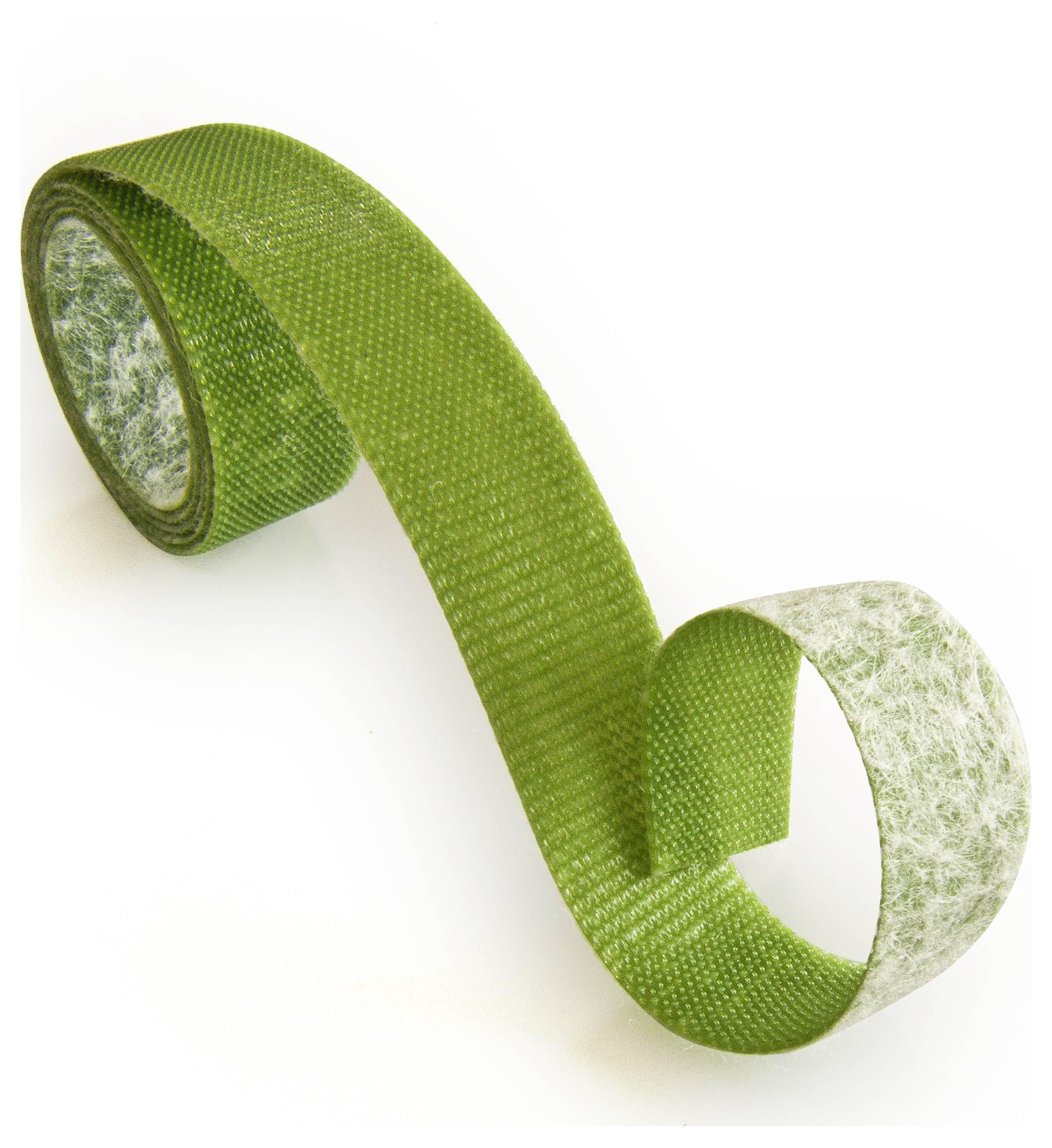 Green hook-and-loop tape rolled out in a loop, one side soft, the other rough. Ideal for connecting, fastening, or organising.