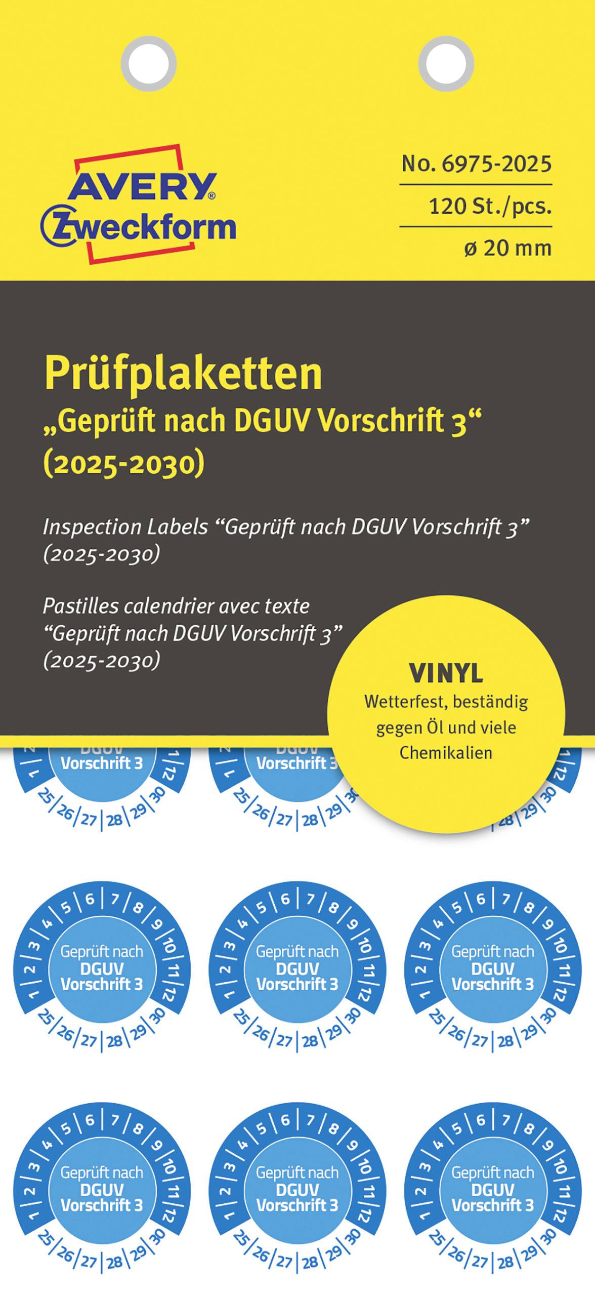 Avery-Zweckform 6975-2025 Test label Geprueft nach DGUV Vorschrift 3 Blue Self-adhesive film (Ø) 20 mm 20 mm DGUV 120 pc(s)