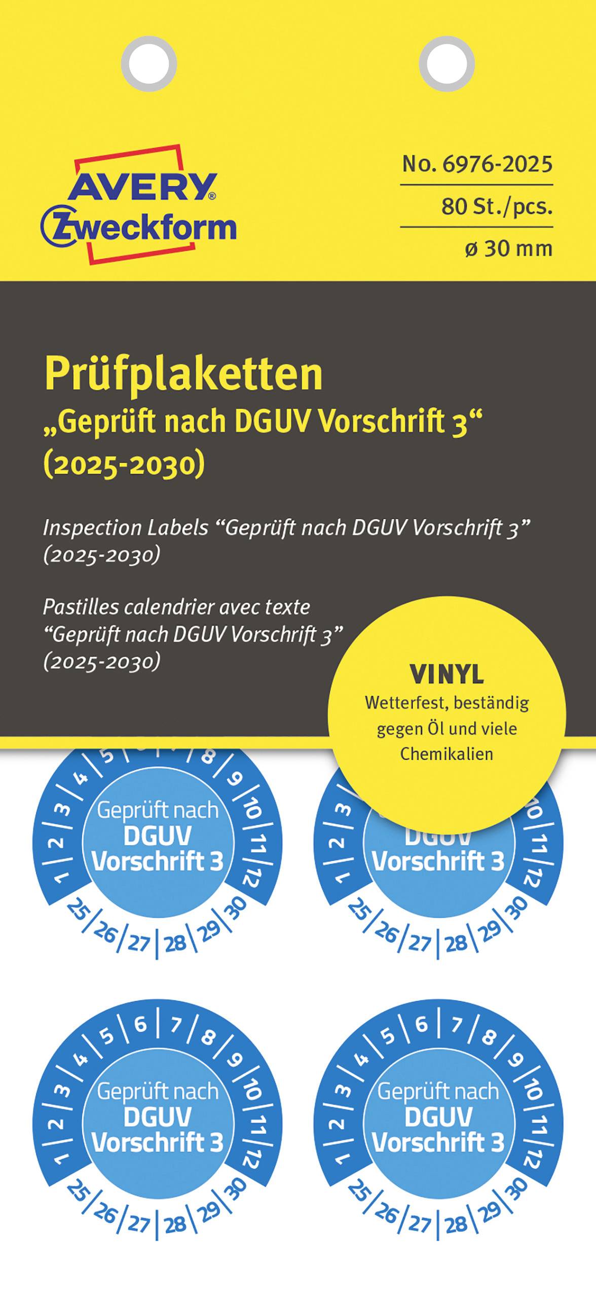 Avery-Zweckform 6976-2025 Test label Geprueft nach DGUV Vorschrift 3 Blue Self-adhesive film (Ø) 30 mm 30 mm DGUV 80 pc(s)