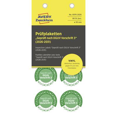 Packaging with inspection labels 'Tested in accordance with DGUV Regulation 3' for 2026-2031, manufactured by Avery Zweckform, 80 pieces.