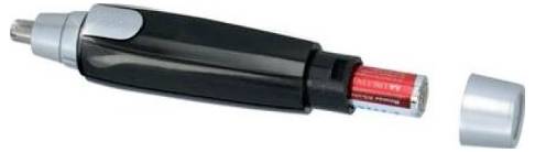 Electric nose hair trimmer with black handle, open, showing an inserted AA battery and removed cover.