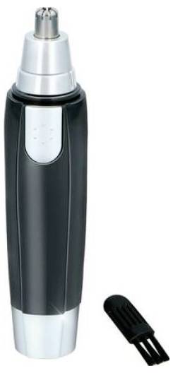 Electric nose and ear hair trimmer in black and silver with cleaning brush.