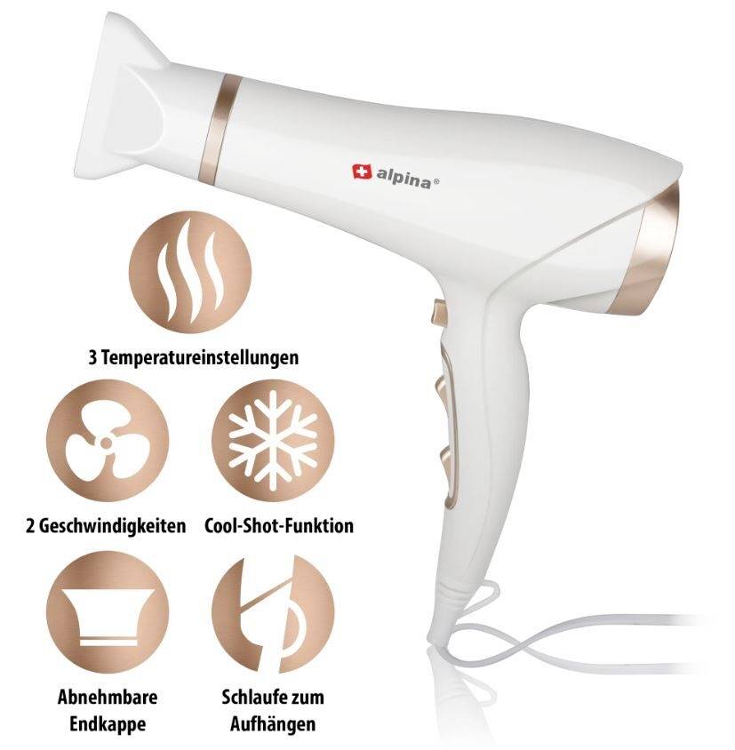 The hairdryer is white with golden accents and features such as 3 temperature settings, 2 speeds, cool shot, removable end cap, and hanging loop.