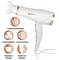 The hairdryer is white with golden accents and features such as 3 temperature settings, 2 speeds, cool shot, removable end cap, and hanging loop.