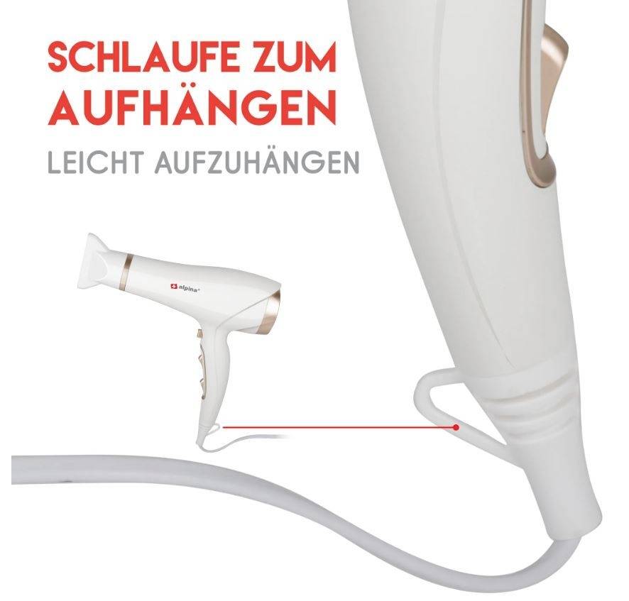 A white hairdryer with a loop for hanging is being advertised. Text: 'Hanging loop - easy to hang'.
