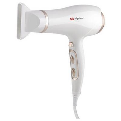 White 'Alpina' hairdryer with golden accents and two switches on the handle.