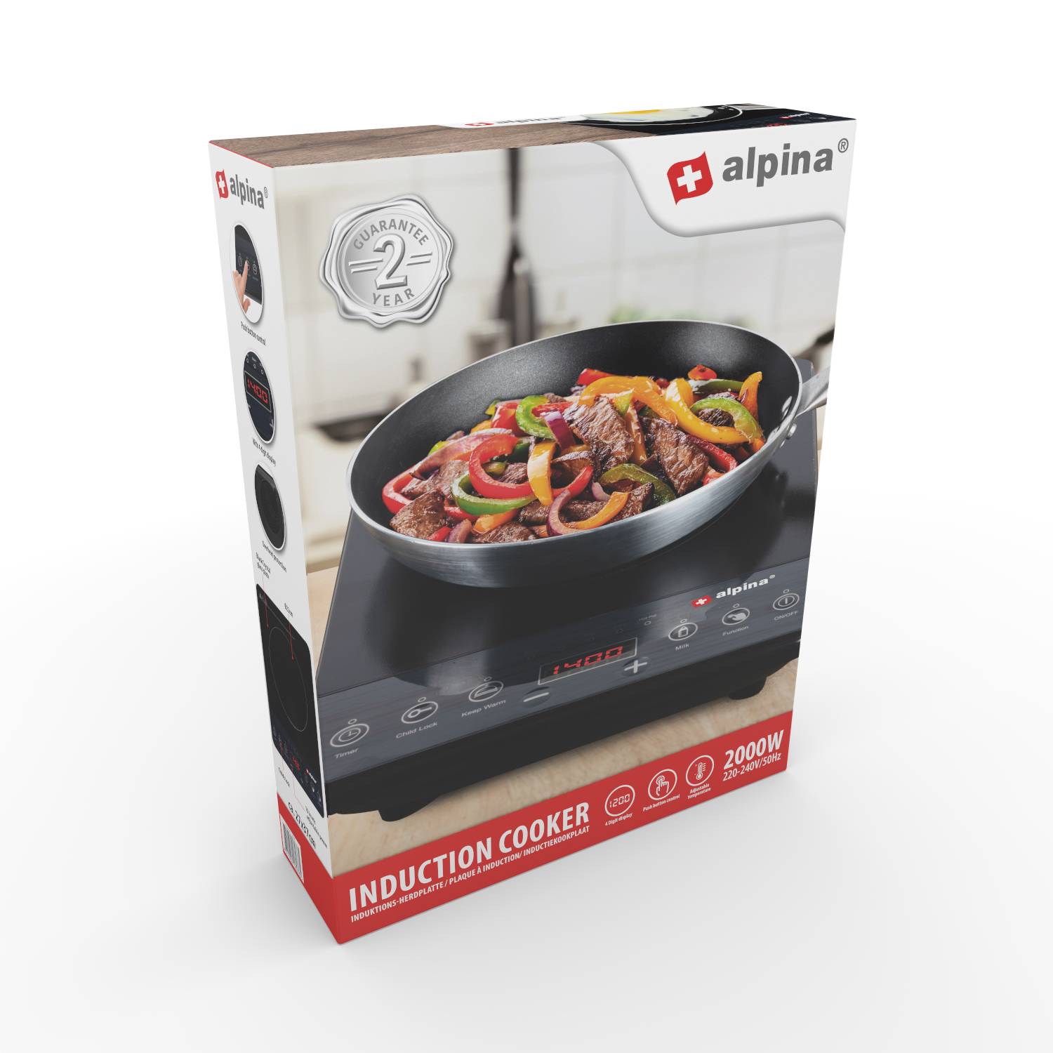 Cardboard packaging for an Alpina Induction Hob, 2000W, 2-Year Guarantee. The image shows a pan with roasted meat and vegetables.