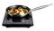 A frying pan with vegetables is simmering on an induction hob. The display reads '14:00'.