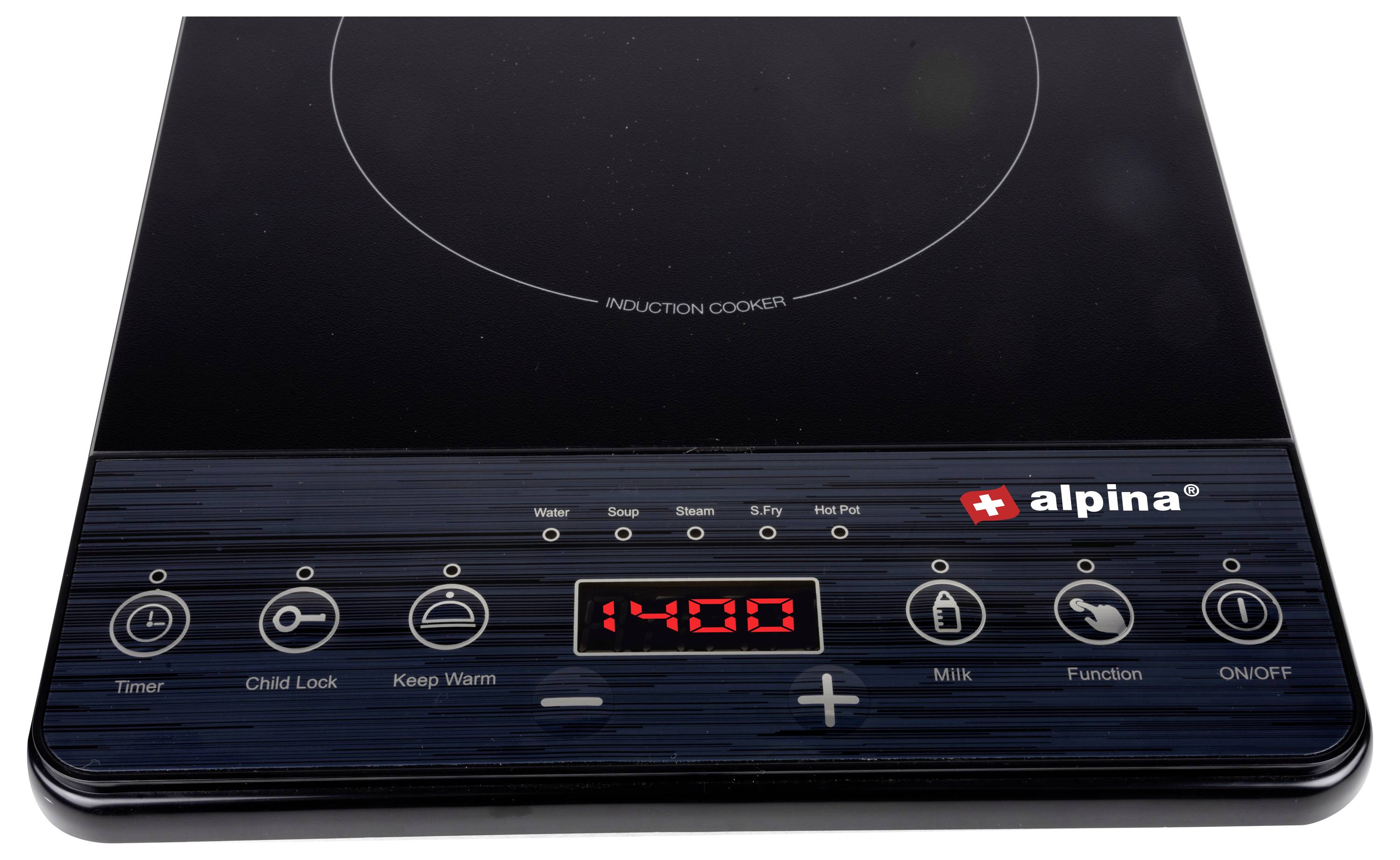 Hob with touch control panel, red LED digits, seven function symbols and 'alpina' brand logo.