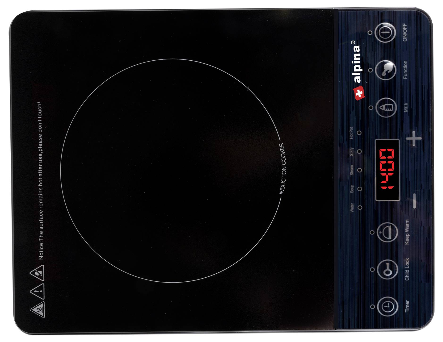 Induction hob with digital controls and a red LED display showing '100H'. Black surface with heating zone on the left.