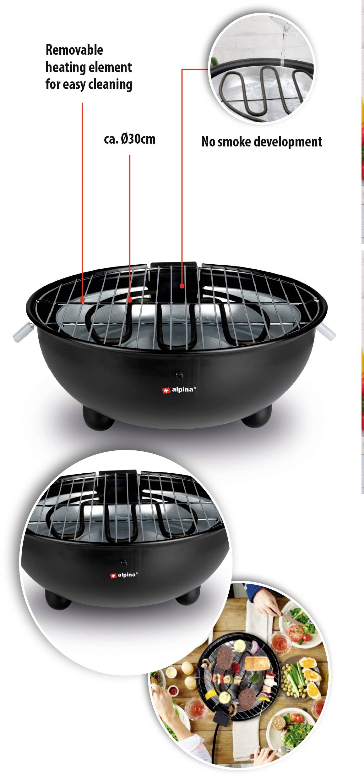 Round table grill with approximately 30 cm diameter, removable heating element for easy cleaning and smoke-free operation.