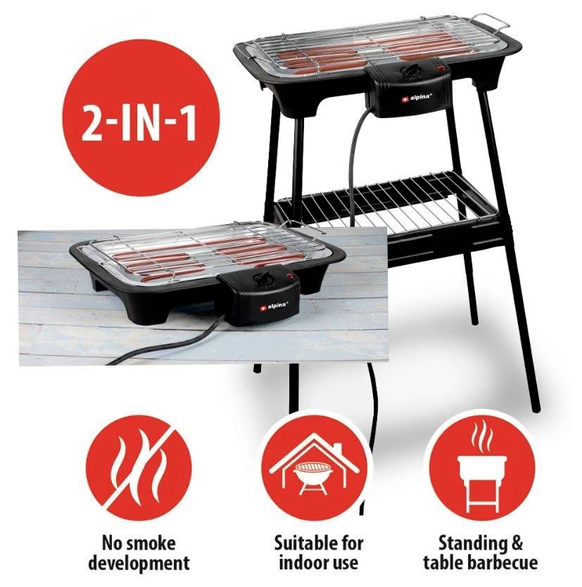An electric grill with two usage options: as a standing or tabletop grill. Suitable for indoor use, without smoke generation.