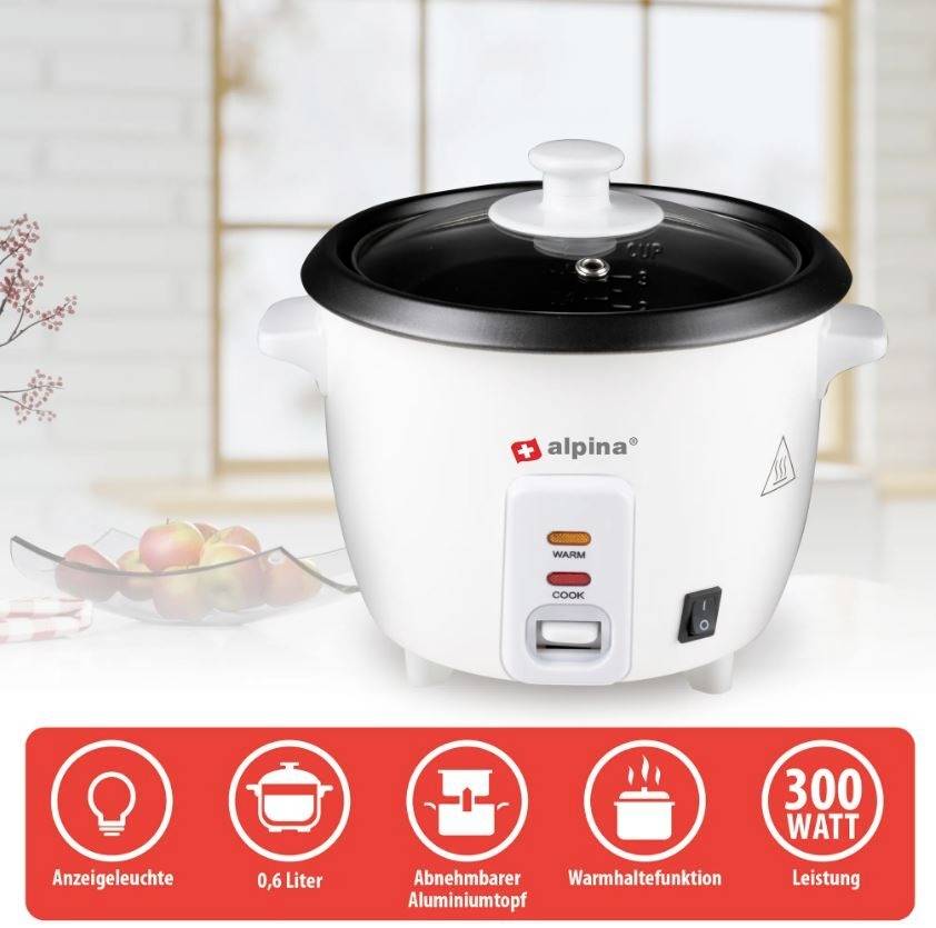 A white rice cooker with a glass lid, brand 'alpina', sits on a table. Below are symbols indicating functionality: 0.6 litres, 300 watts.