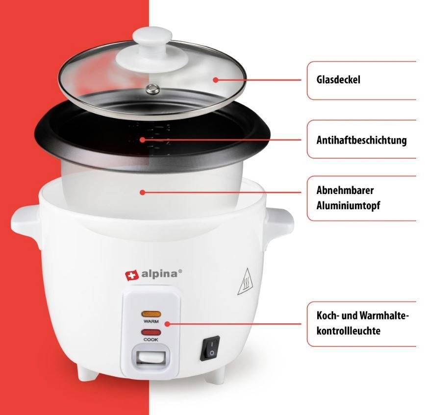 White rice cooker with glass lid, removable aluminium pot, non-stick coating and cooking-keep warm indicator light.