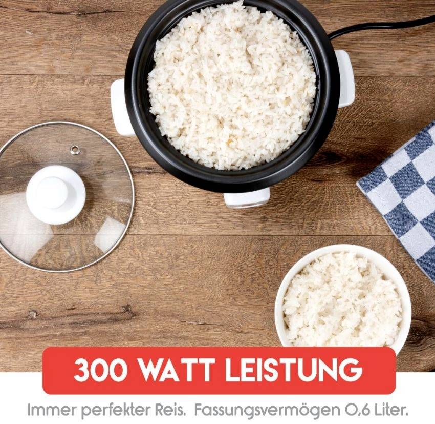 Rice cooker with cooked rice and bowl. Text below: '300 Watts power'. Wooden surface and checked cloth in the background.