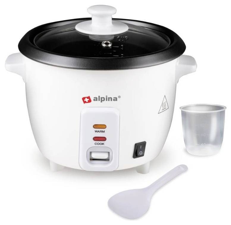 A white rice cooker by the brand 'alpina' with a glass lid, control buttons for keeping warm and cooking. Beside it, a measuring cup and a plastic spoon.