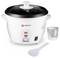 A white rice cooker by the brand 'alpina' with a glass lid, control buttons for keeping warm and cooking. Beside it, a measuring cup and a plastic spoon.