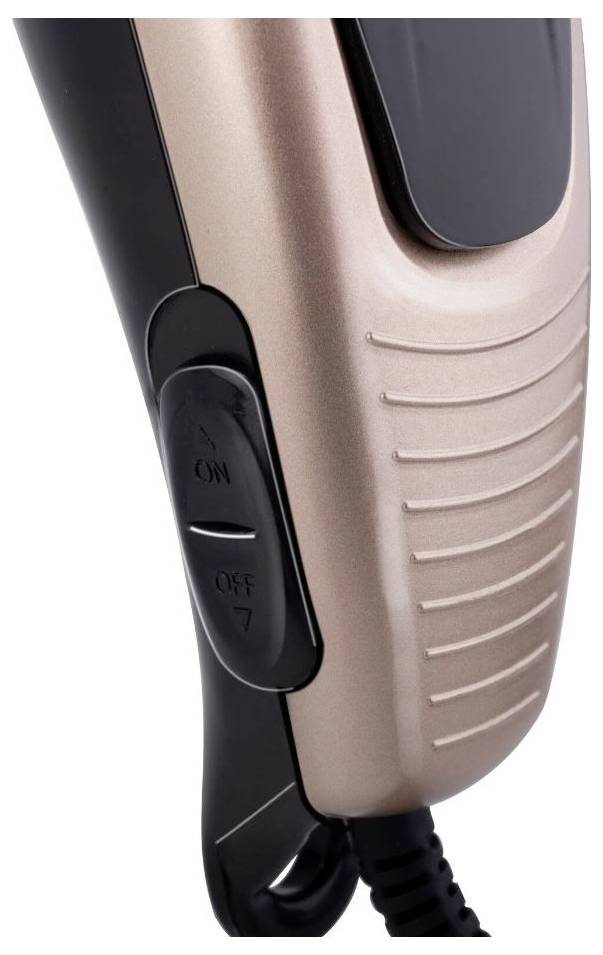 Close-up of a rose gold hairdryer with black 'On' and 'Off' switches on the side.