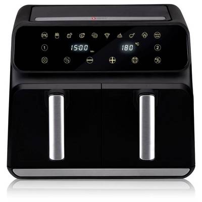 Black hot air fryer with digital display. Shows 15 minutes and 180 degrees Celsius. Symbols for different settings at the top.