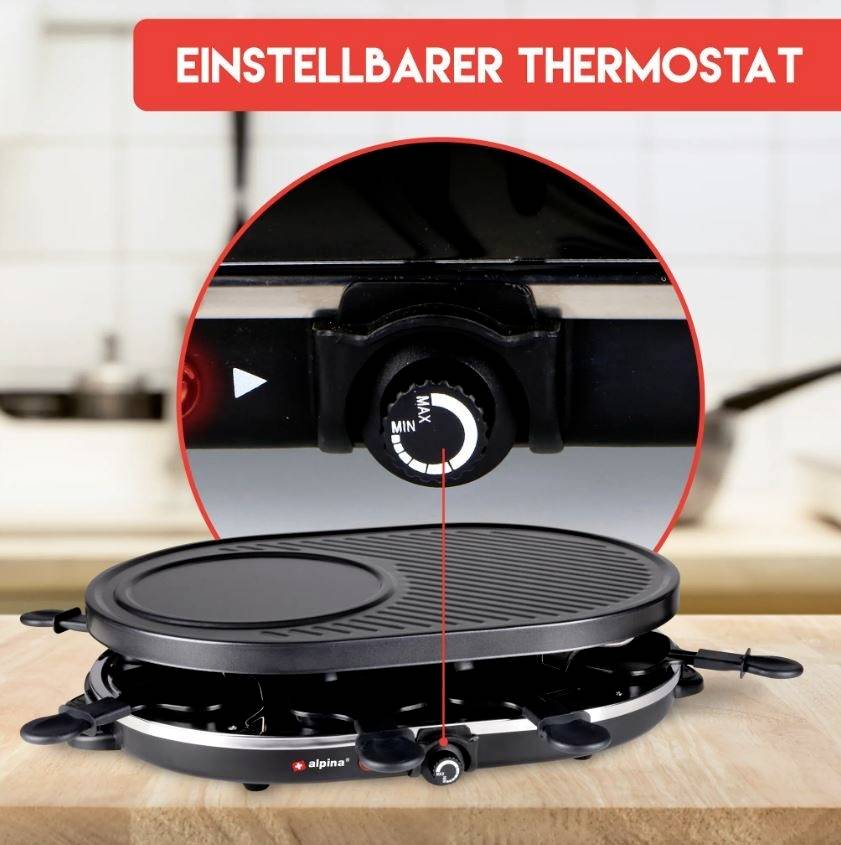 A black raclette grill shows an adjustable thermostat. At the top, a red banner reads 'Adjustable Thermostat'.