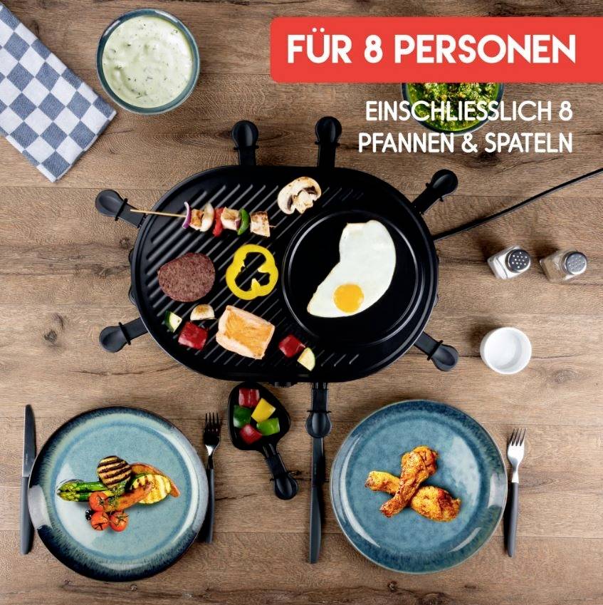 'Raclette for 8 People' on wooden table, with grill plates, vegetables and meat; Text: 'Including 8 Pans & Spatulas'.
