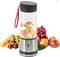A portable blender with fresh fruit pieces in the glass. Surrounded by various types of fruit such as grapes, strawberries, and bananas.